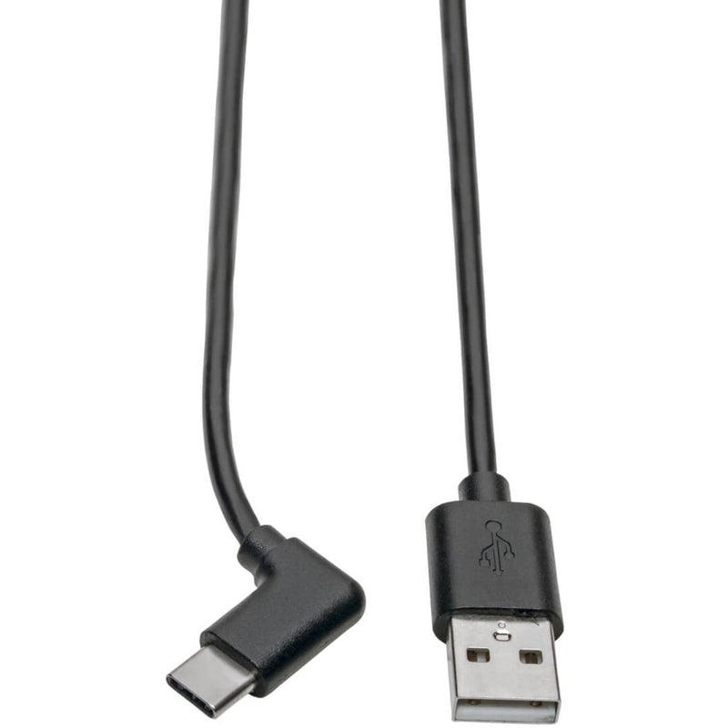 Close-up view of Tripp Lite USB Type-A to right-angle USB-C cable connectors showing the 90-degree angle design