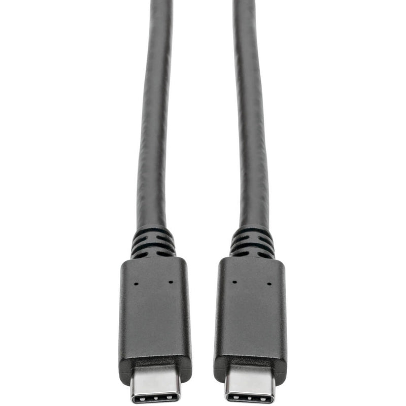 Close-up view of USB Type-C connectors on Tripp Lite Thunderbolt 3 cable showing gold-plated contacts and strain relief