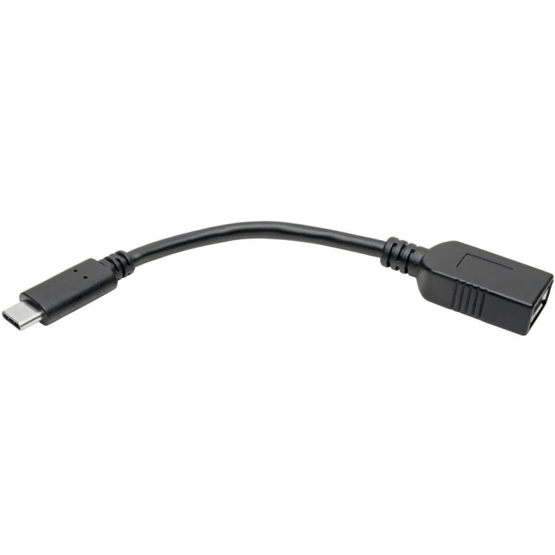 Full length view of the Tripp Lite USB-C to USB-A adapter showing curved cable design