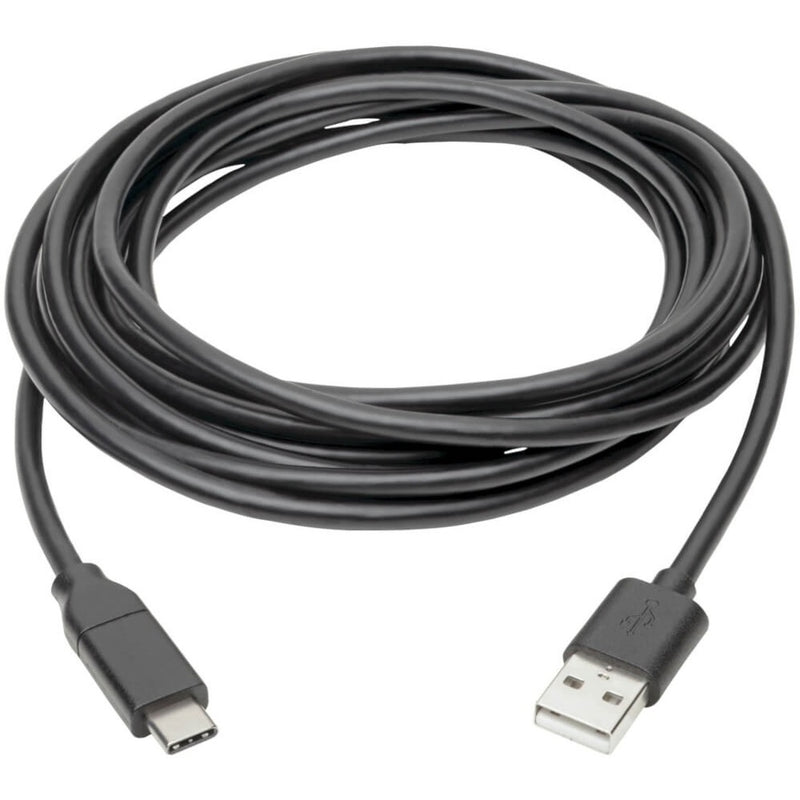 Full length view of 13-foot black USB-A to USB-C cable coiled in circular pattern