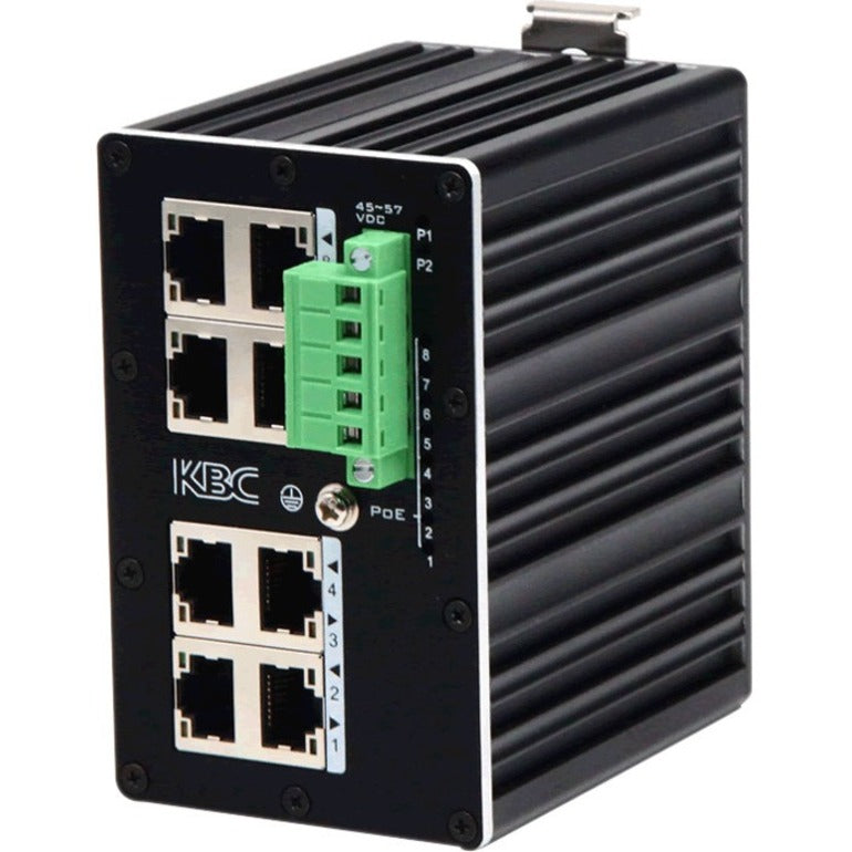 KBC Networks ESUGS8-B industrial PoE+ switch featuring 8 Gigabit Ethernet ports, black aluminum heat-sink housing, and green terminal block connector