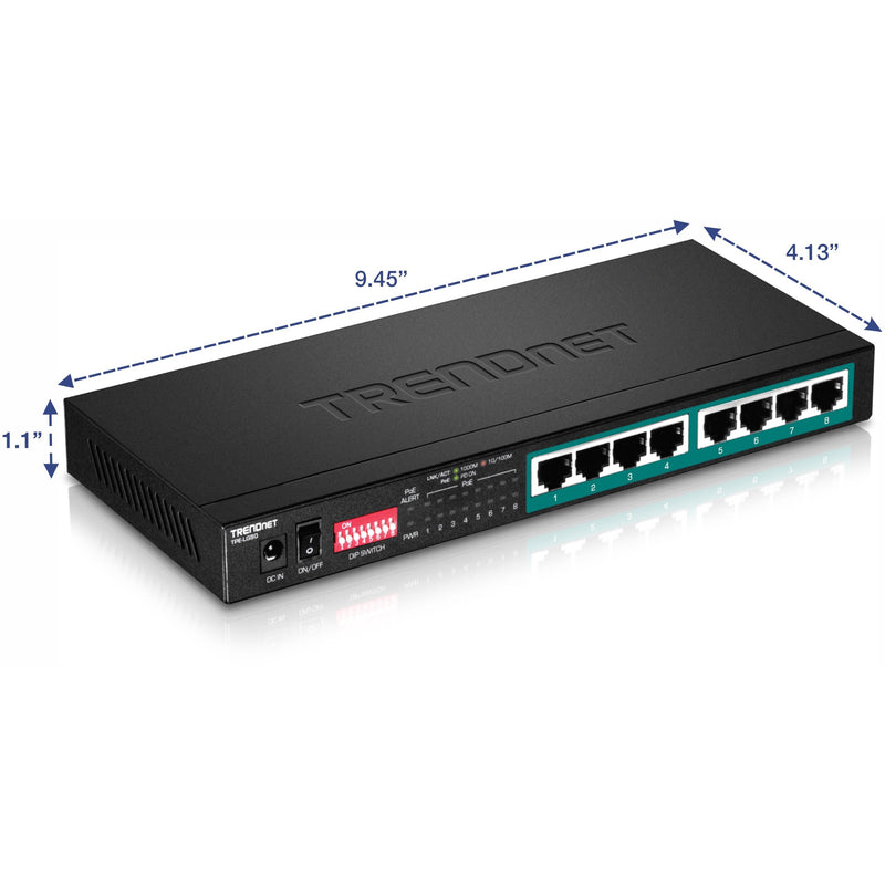 Dimensional view of TRENDnet TPE-LG80 switch showing compact size