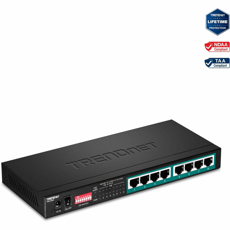 Front view of TRENDnet TPE-LG80 8-port Gigabit PoE+ switch showing ports and control panel