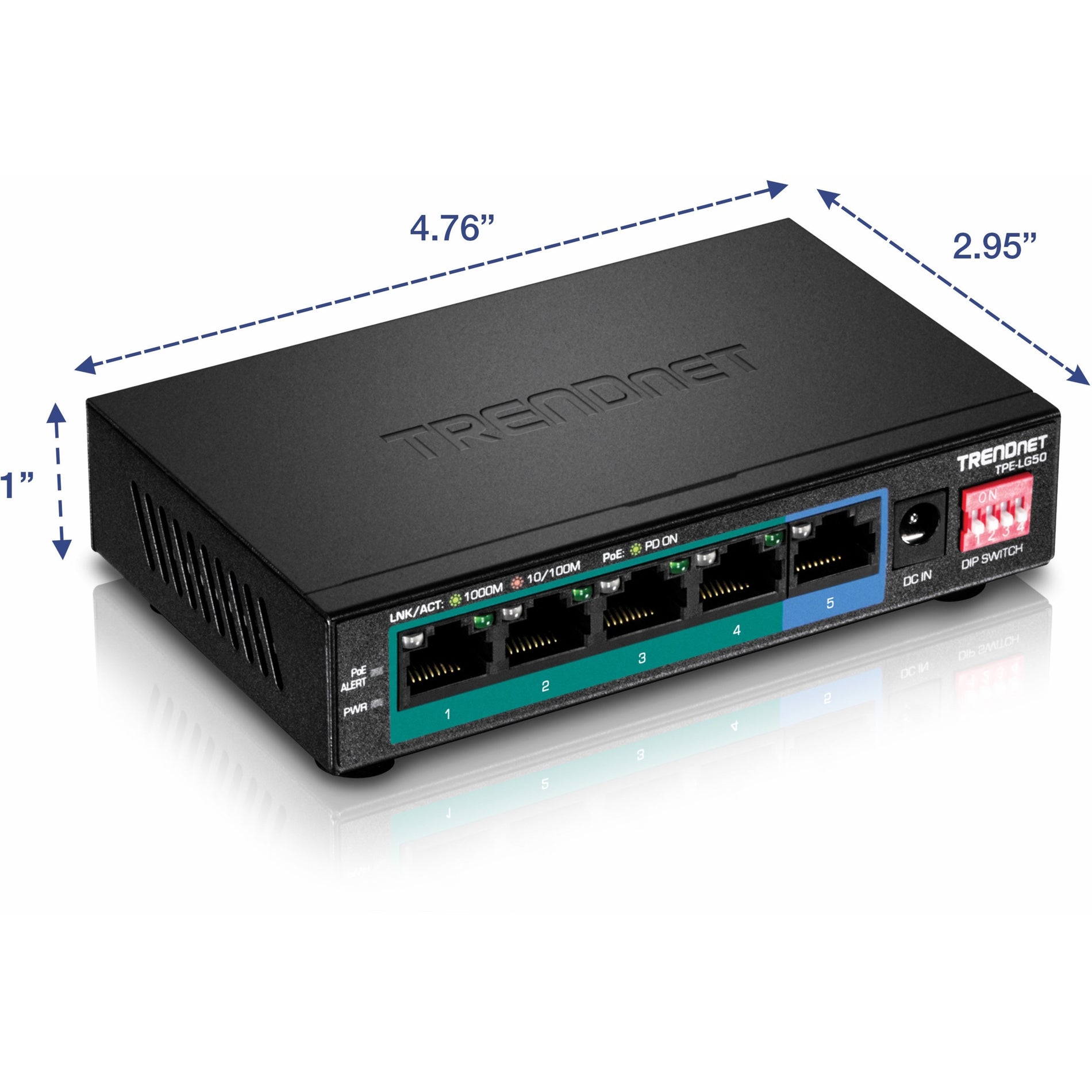 TRENDnet TPE-LG50 Commutateur PoE + gigabit à 5 ports longue portée étend PoE+ de 200m (656 ft) Protection à vie