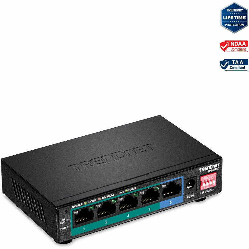 Front view of TRENDnet TPE-LG50 5-port gigabit PoE+ switch showing ports and LED indicators