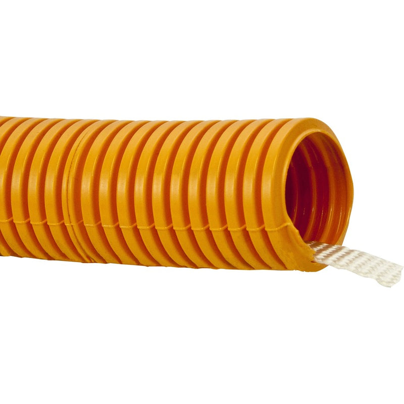 Orange corrugated flexible conduit with integrated nylon pull tape visible at opening, showing 1¼-inch diameter and ribbed construction