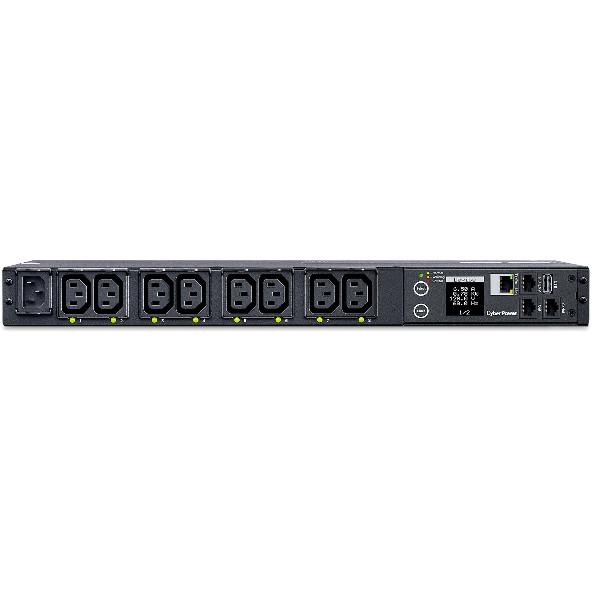 Front view of CyberPower PDU41004 showing 8 IEC C13 outlets, LCD display, and network ports-alternate-image1