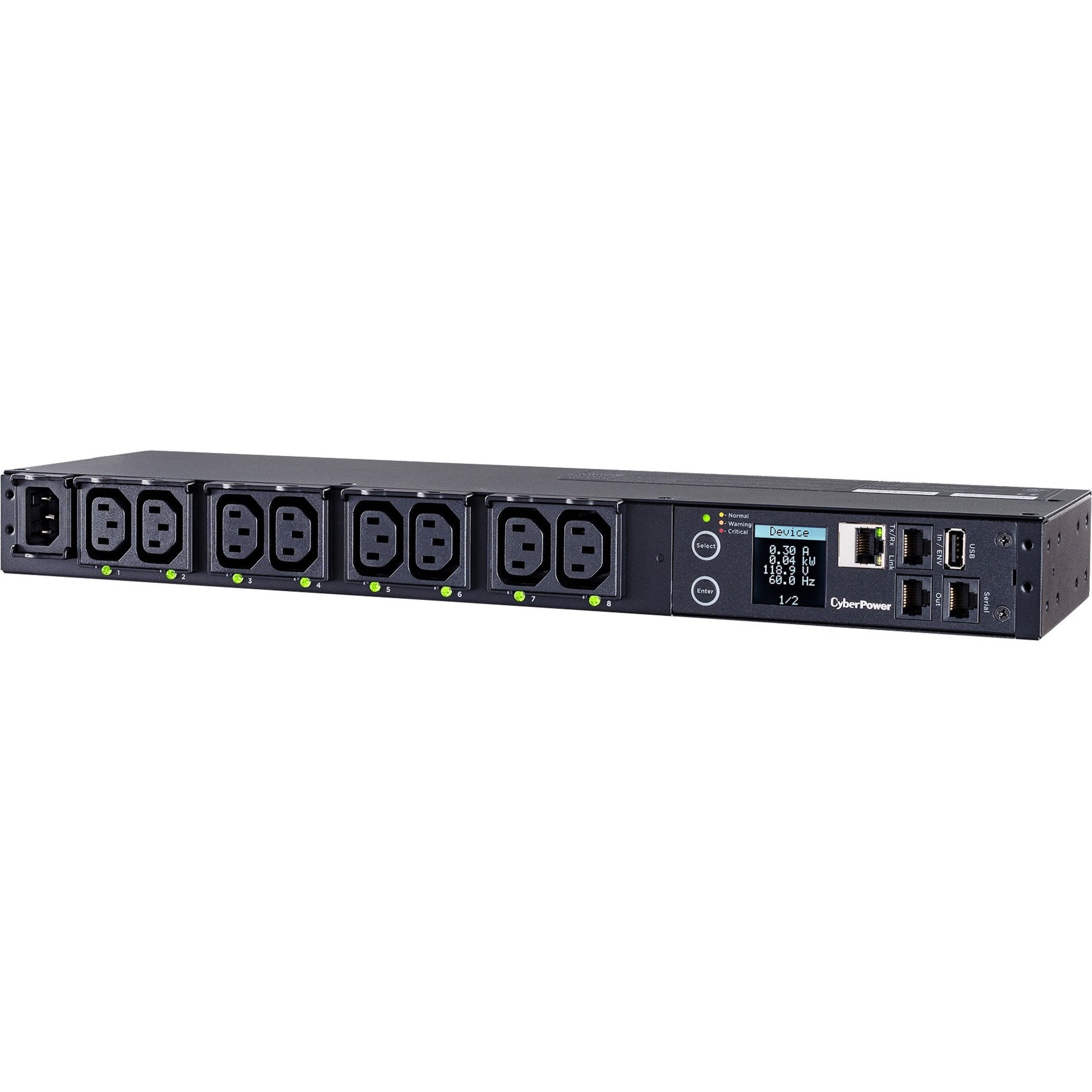 Perspective view of CyberPower PDU41004 highlighting network management features-alternate-image3