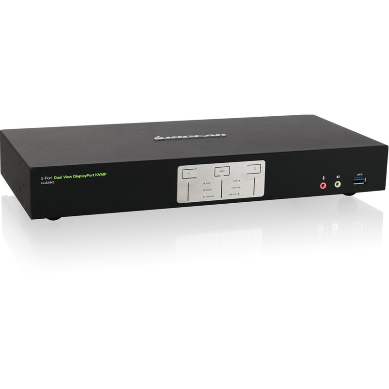 Angled view of IOGEAR GCS1942 KVM switch showing slim profile and professional design