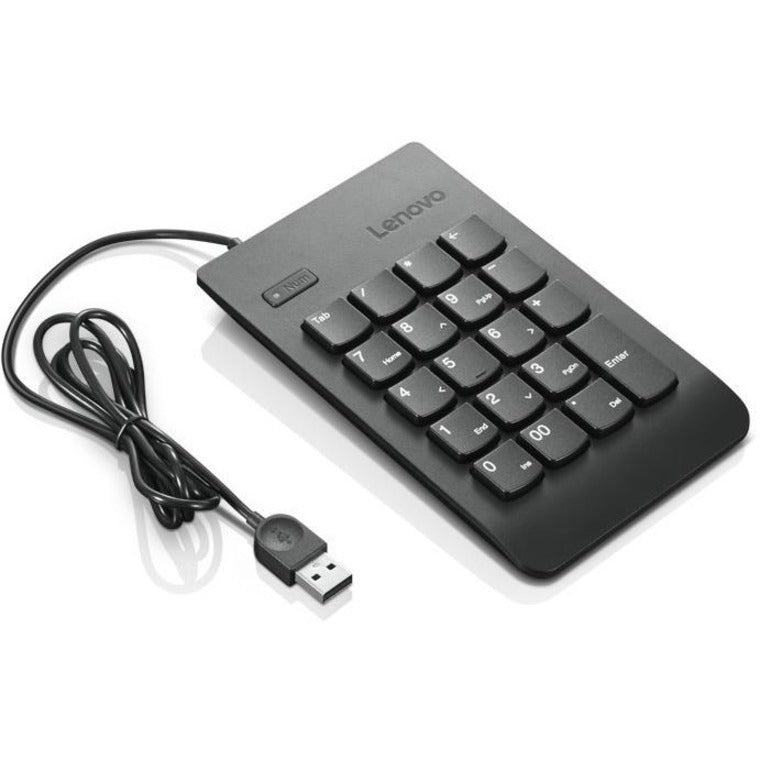 Angled view of Lenovo USB Numeric Keypad Gen II with USB cable visible