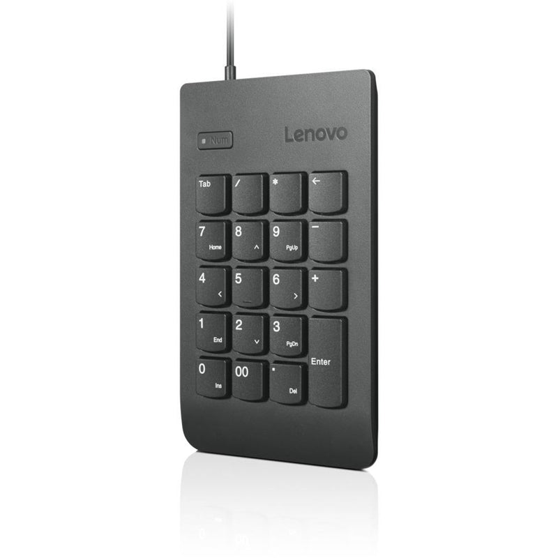 Front view of Lenovo USB Numeric Keypad Gen II showing full keypad layout with black keys on dark gray surface