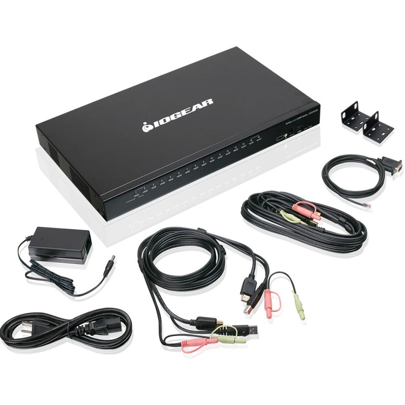 IOGEAR GCS1816H 16-port KVM switch with included cables, power adapter, and mounting brackets