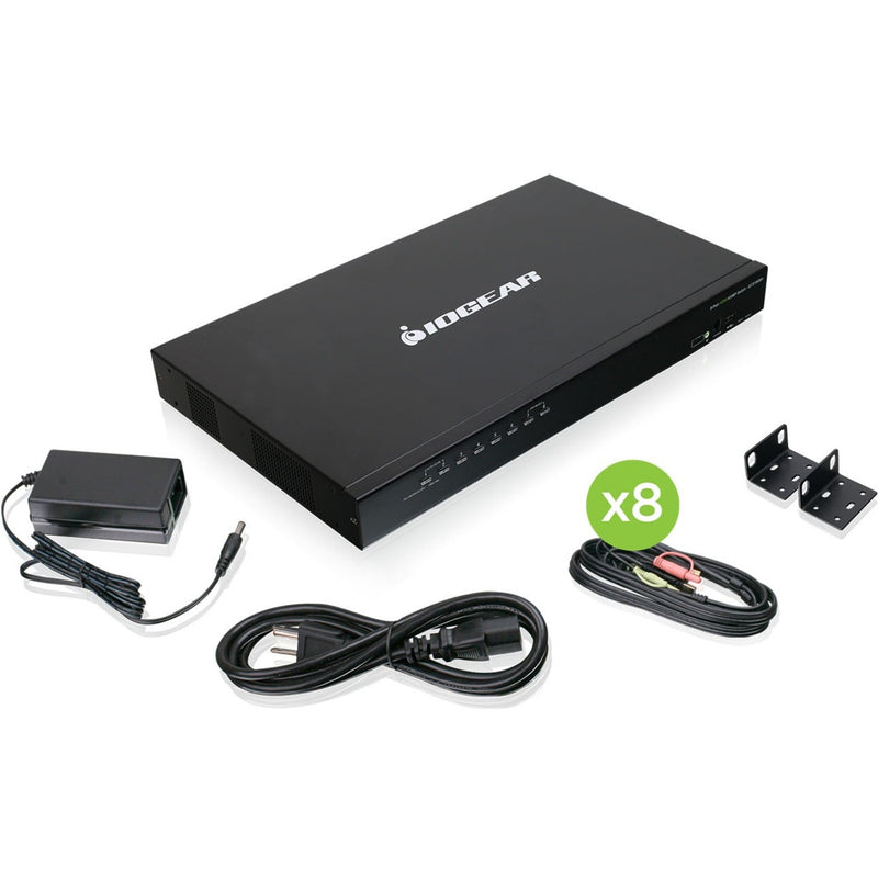 IOGEAR 8-Port HDMI KVMP Switch shown with included accessories - power adapter, USB cables, and mounting brackets