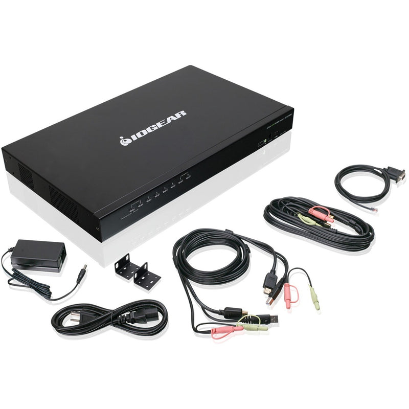 IOGEAR GCS1808H 8-port KVM switch shown with included cables, power adapter, and mounting accessories