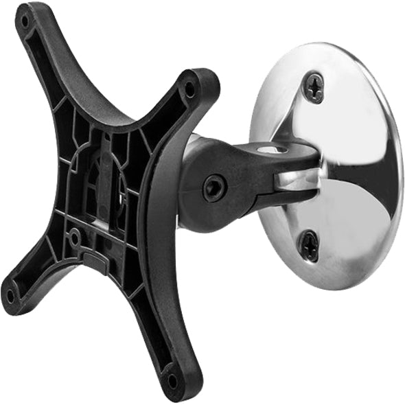 Close-up view of Atdec wall mount showing VESA mounting plate and silver wall bracket with tilt mechanism-alternate-image1