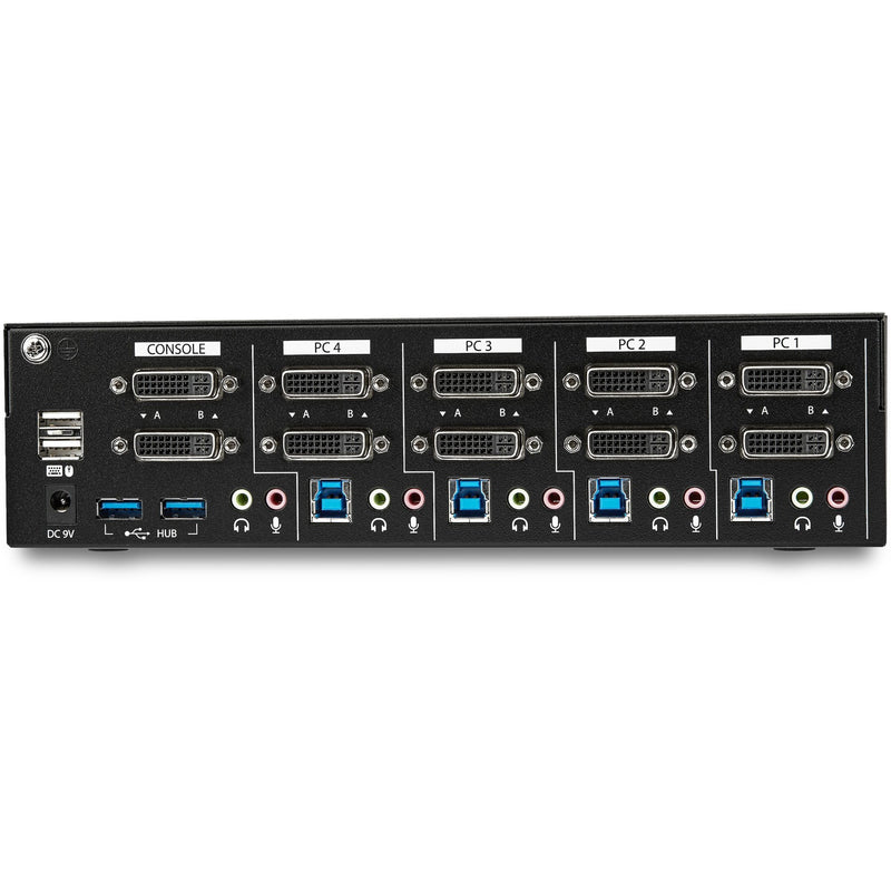 Detailed view of StarTech.com KVM switch port layout showing labeled sections for each PC connection