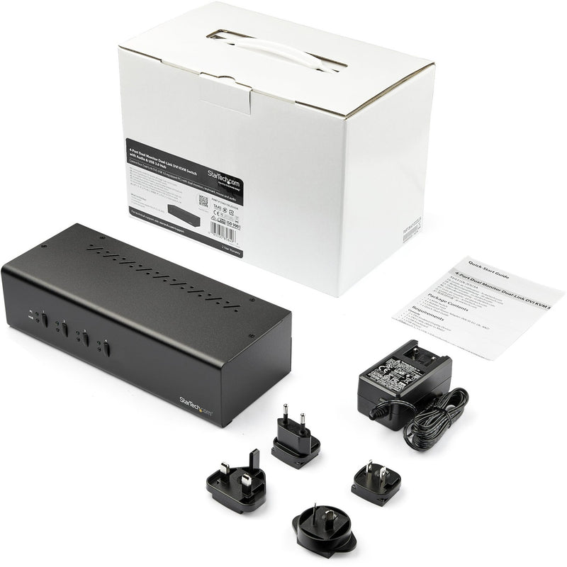 Product package contents showing KVM switch, power adapters, and documentation