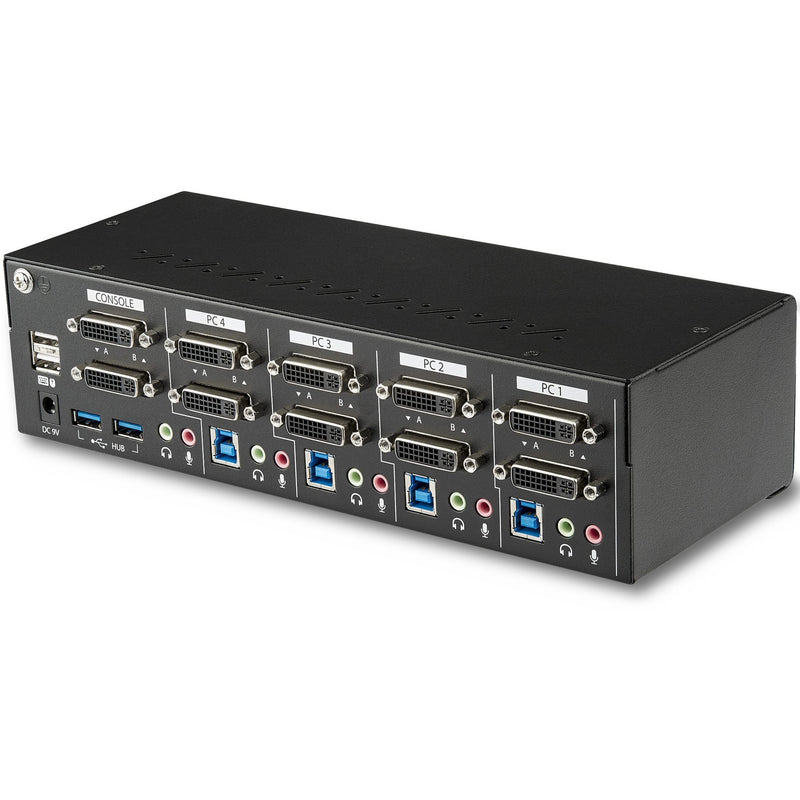 Rear view of StarTech.com KVM switch showing multiple DVI ports, USB 3.0 connections, and audio inputs