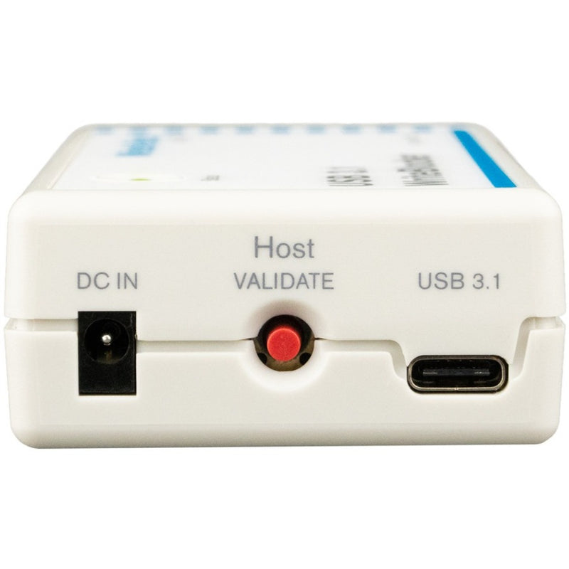 Rear view of WriteBlocker showing DC input, validate button, and USB ports