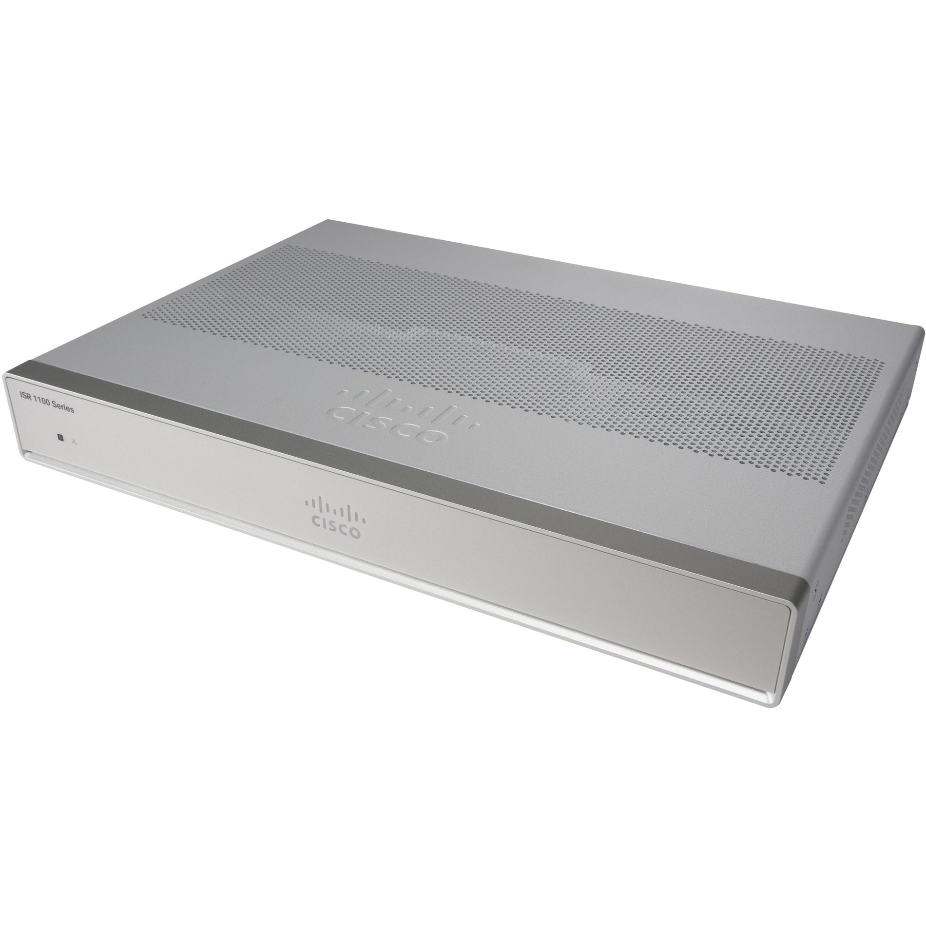 Top angled view of Cisco C1111X-8P router showing perforated surface design and silver finish-alternate-image1