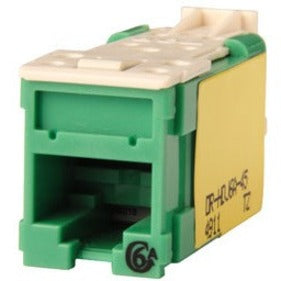 Ortronics Clarity HDJ6A-45 CAT6A network jack in green color showing RJ-45 port and cable termination area