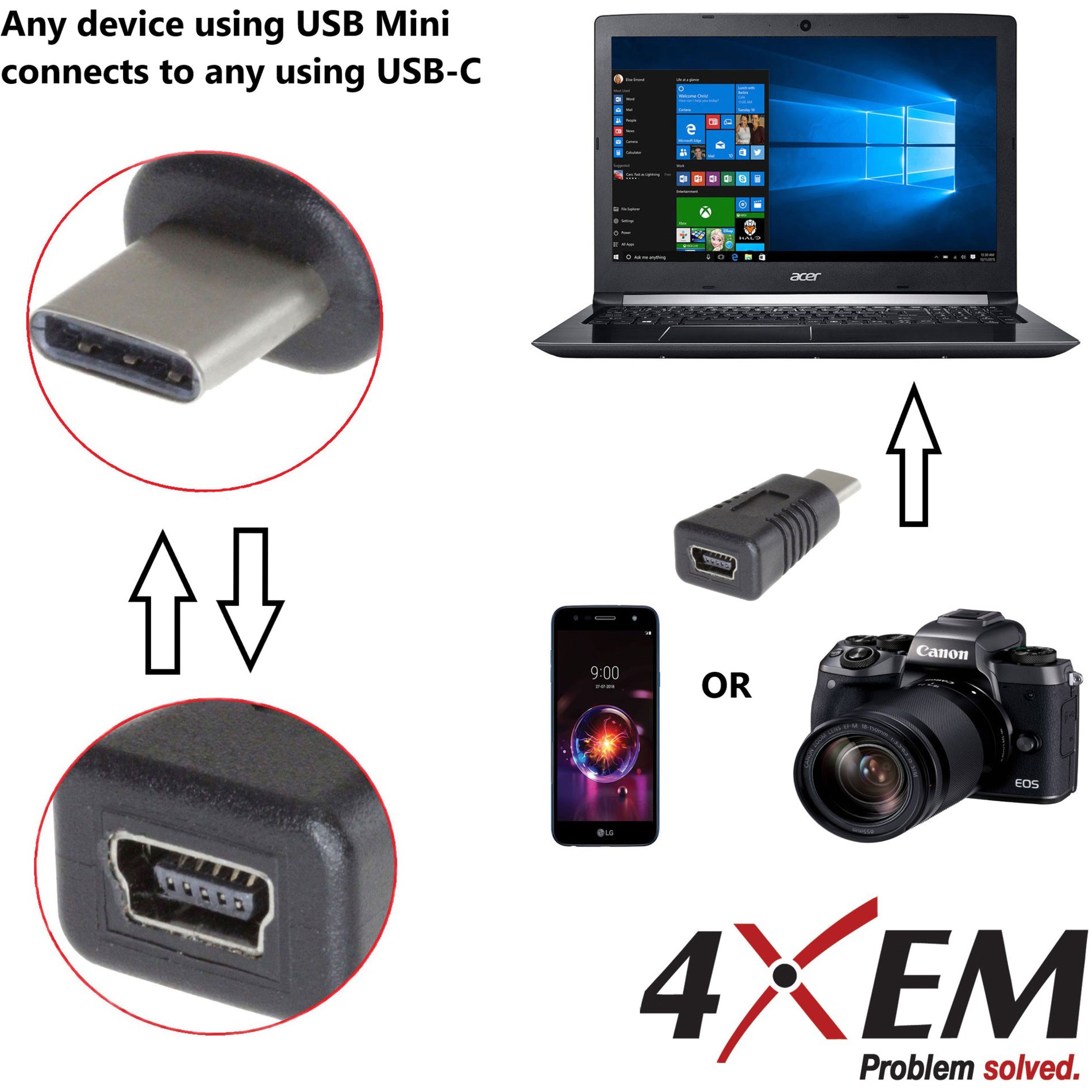 4XEM 4XUSBCMINIUSBA محول USB Type-C إلى USB Type-B Mini، شحن، قابس وتشغيل العلامة التجارية: 4XEM اسم العلامة التجارية: فور إكس إي إم