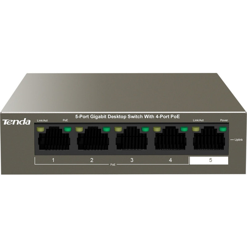 Front view of Tenda TEG1105P-4-63W 5-port Gigabit switch showing ethernet ports and LED indicators