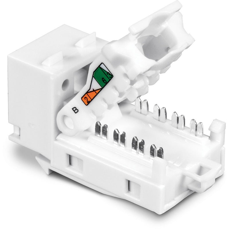 Close-up of tool-free termination system with T568B wiring scheme