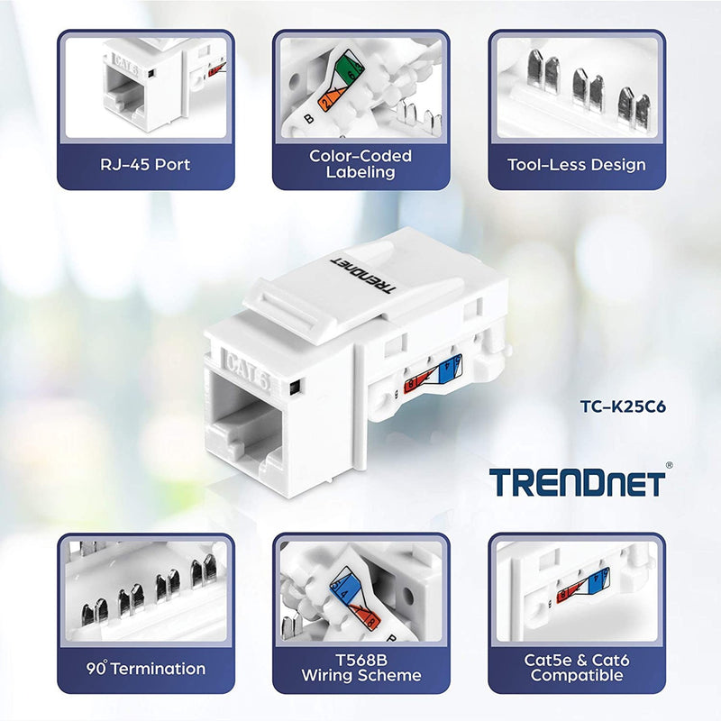 Feature diagram showing RJ-45 port, color-coding, and tool-less design of keystone jack