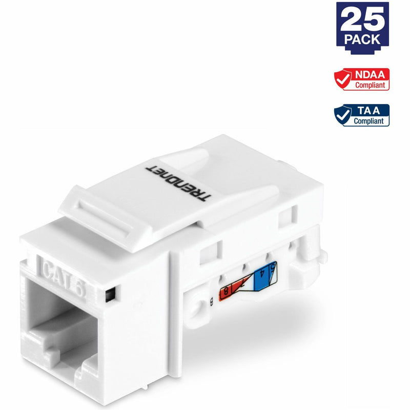 Close-up view of white TRENDnet Cat6 keystone jack with RJ-45 port and T568B wiring label