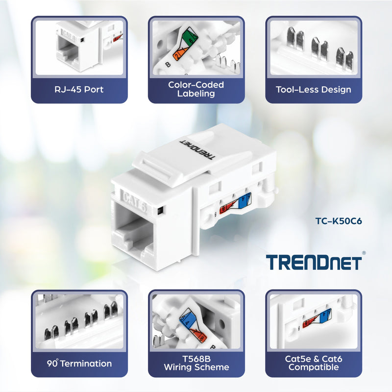 Feature diagram showing RJ-45 port, color-coding, and tool-less design of TC-K50C6 keystone jack