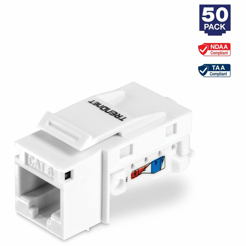 Close-up view of TRENDnet TC-K50C6 Cat6 keystone jack showing RJ-45 port and color-coded wiring label