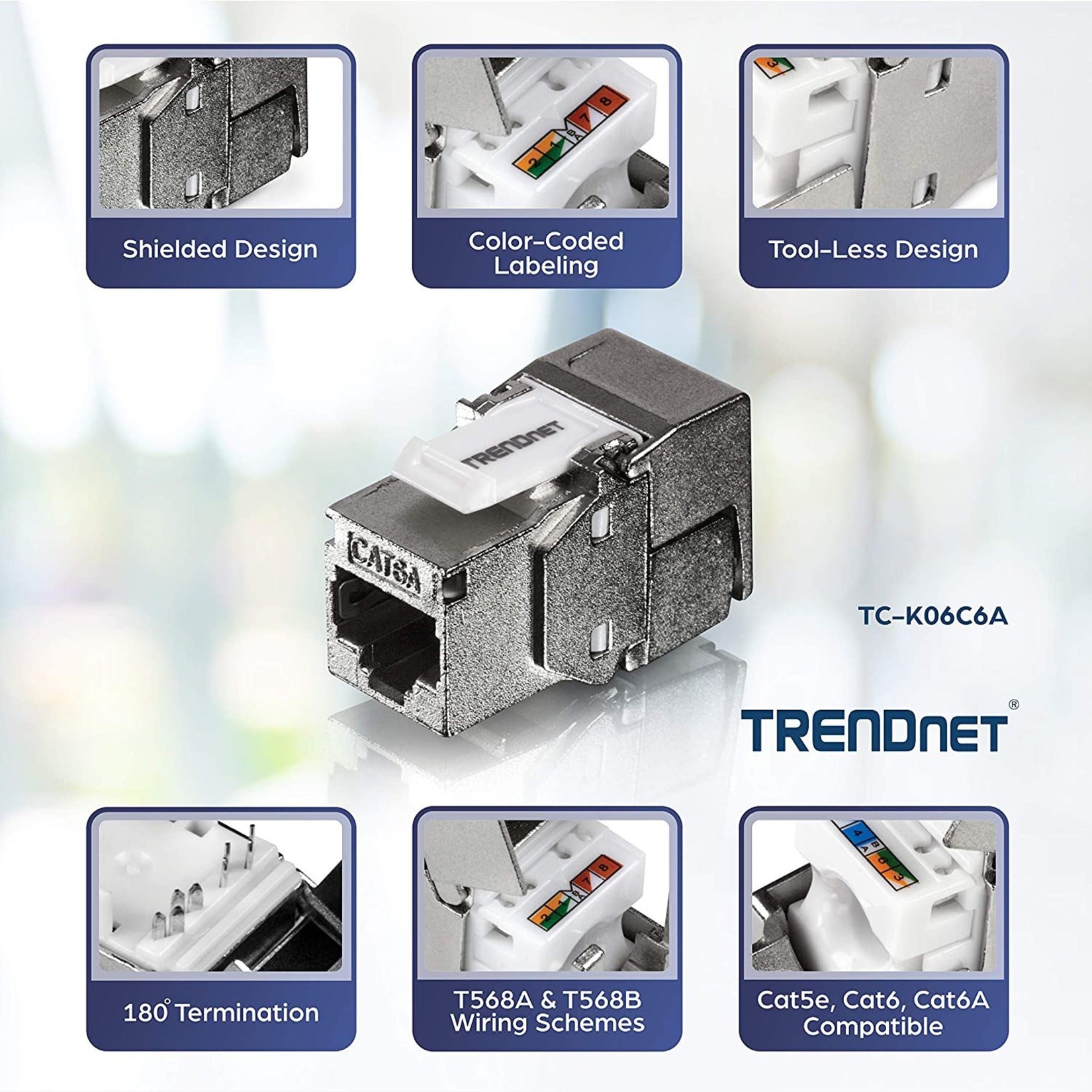 TRENDnet TC-K06C6A แพ็ค 6 ชิ้น Cat6a RJ-45 แจ็คคีย์สโตนที่มีการป้องกันการรบกวน EMI และ Crosstalk การต่อแบบมุม 180°