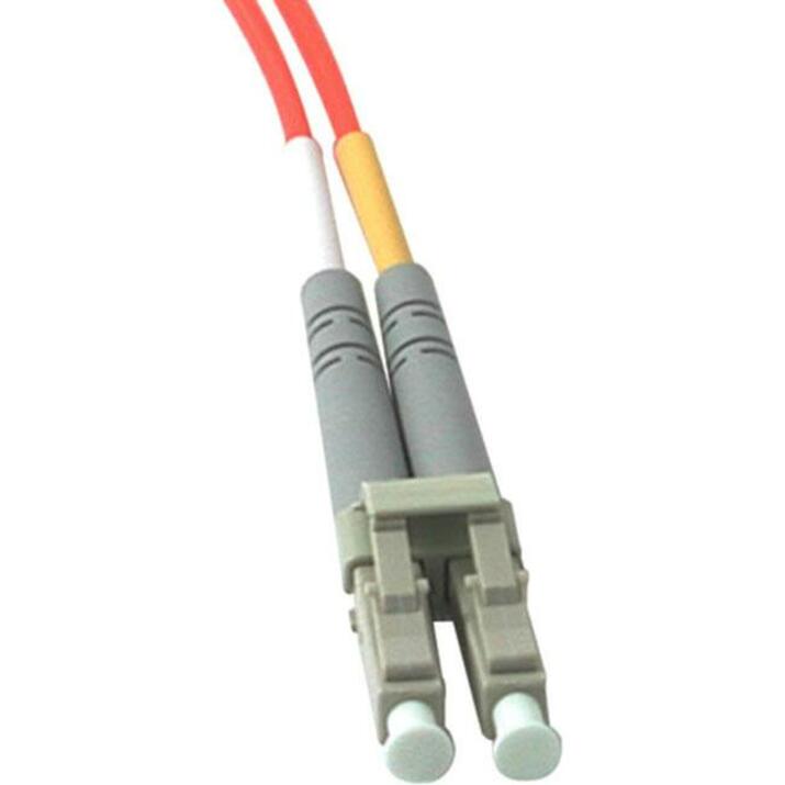 Close-up view of LC fiber optic connectors with orange cable jacket and gray strain relief boots