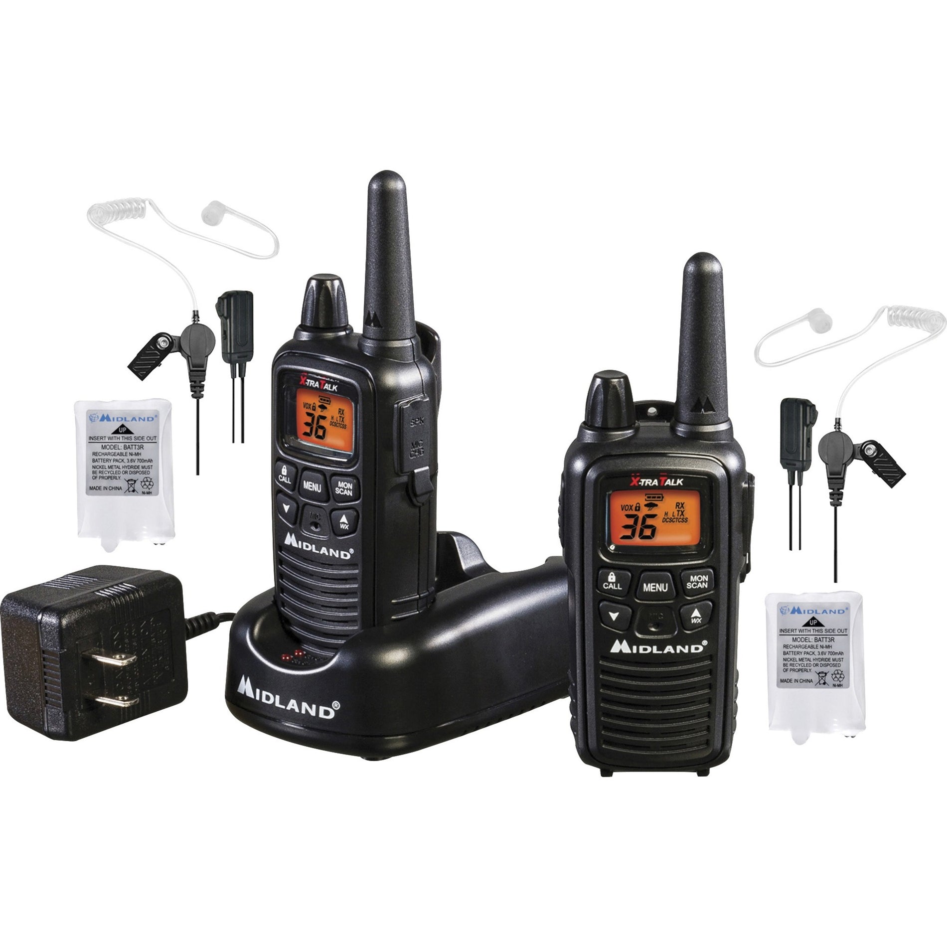 Midland LXT600BB two-way radio bundle showing two black handheld radios, charging dock, AC adapter, concealed headsets, and rechargeable batteries-alternate-image1