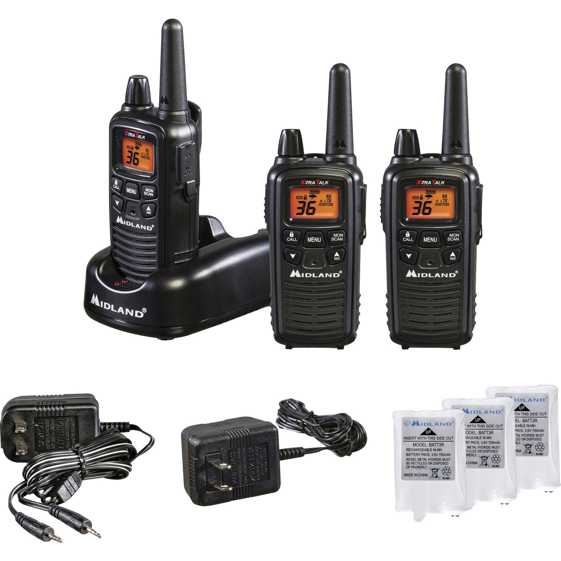 Midland LXT633VP3 three-pack two-way radio set with charging dock, AC adapters, and rechargeable battery packs displayed on white background-alternate-image1