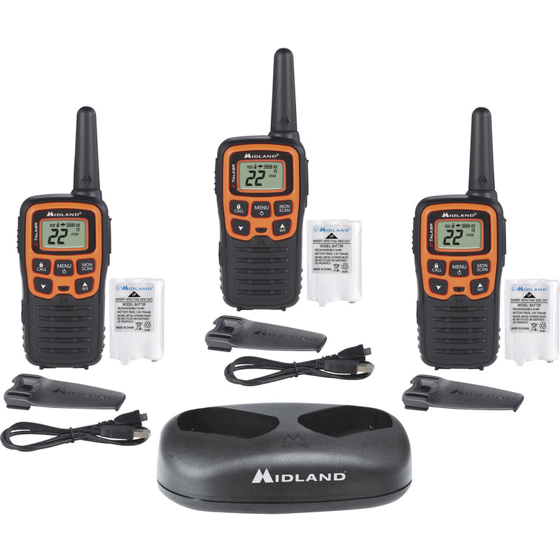 Midland X-TALKER T51X3VP3 three-pack walkie talkie set with charging dock, battery packs, belt clips, and USB cables displayed on white background