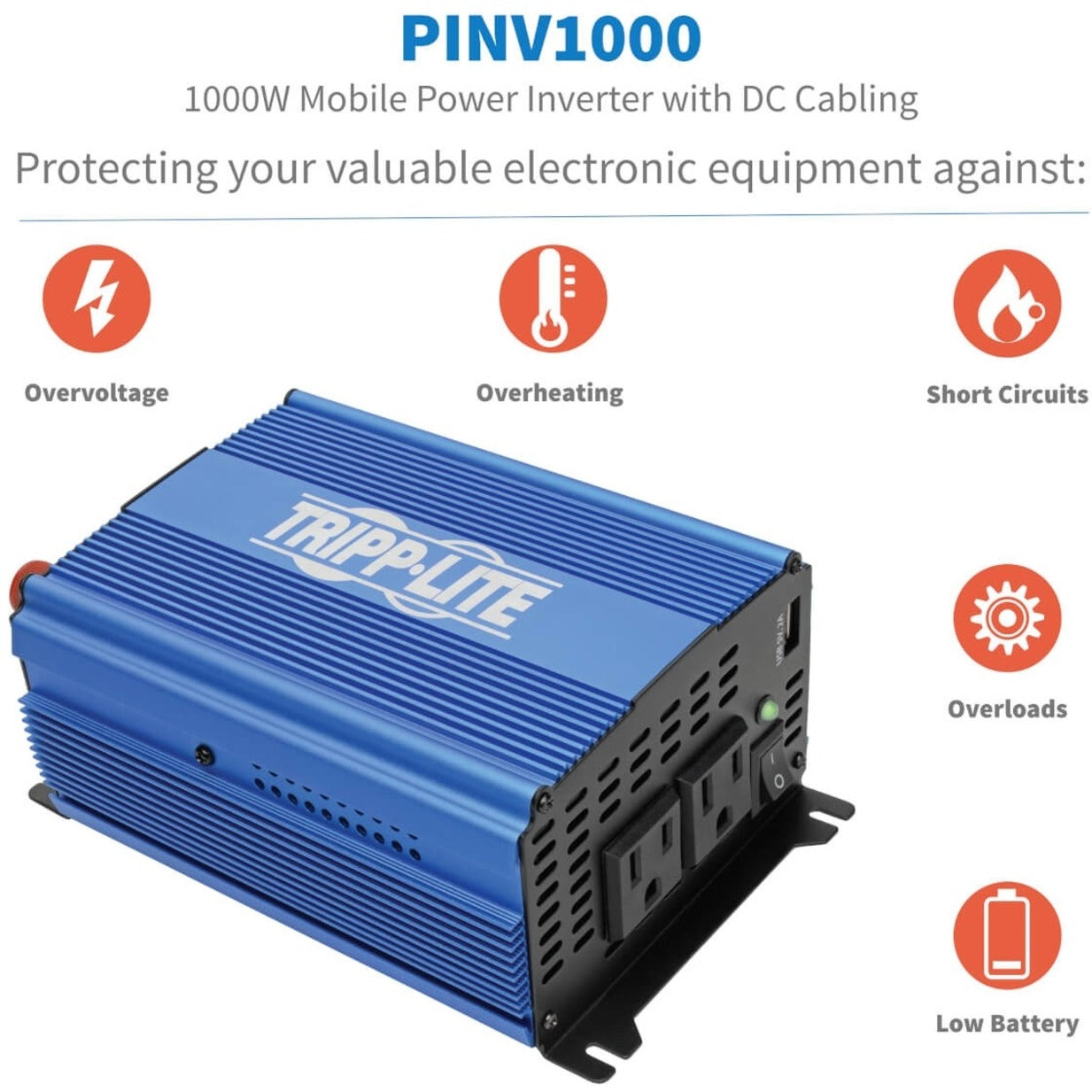 Tripp Lite PINV1000 Power Inverter, 1000W Light-Duty Compact with 2 AC/1 USB - 2.0A/Battery Cables