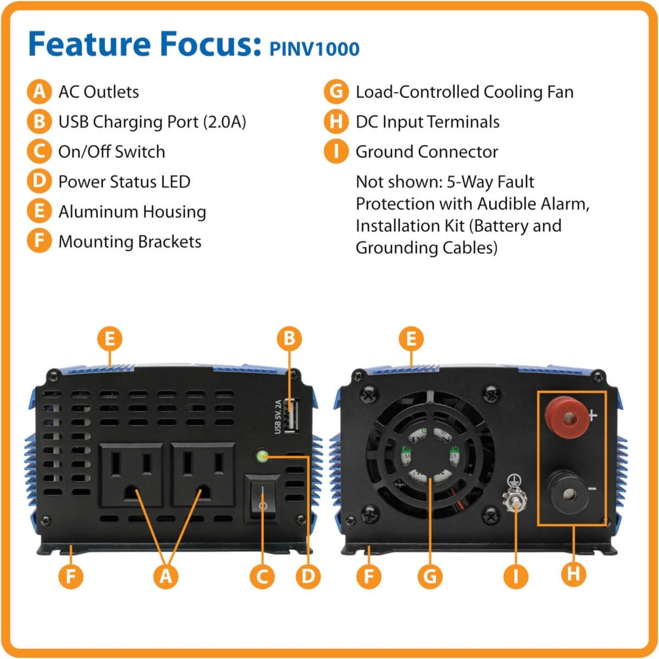 Tripp Lite PINV1000电源逆变器，1000W轻型紧凑型，带2个AC / 1个USB - 2.0A / 电池电缆 Tripp Lite 的中文翻译：特力品