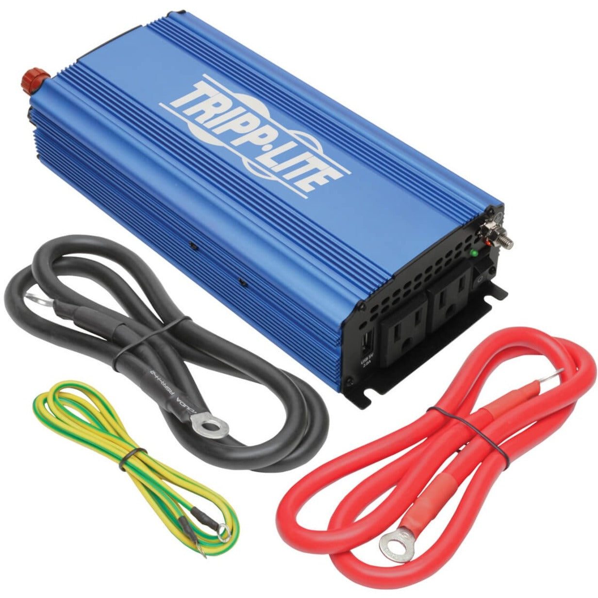 Tripp Lite PINV750 power inverter with red and black battery cables and yellow-green grounding wire-alternate-image1