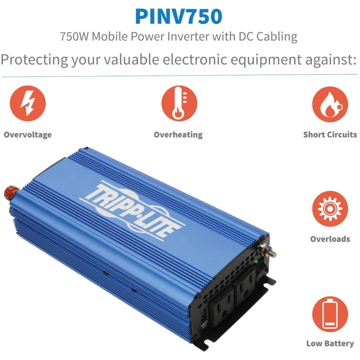 Infographic showing PINV750's protection features against overvoltage, overheating, short circuits, overloads, and low battery-alternate-image3