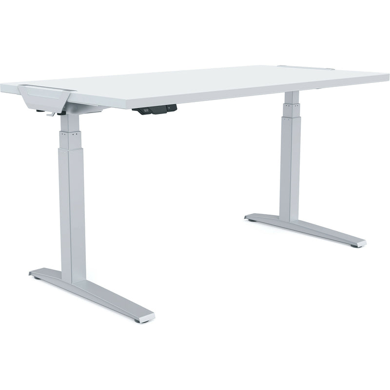 Fellowes Levado height adjustable desk base with white table top showing full frame and adjustment mechanism