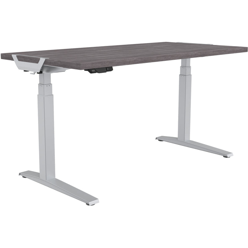 Side view of Fellowes Levado height-adjustable desk with Gray Ash desktop and silver frame