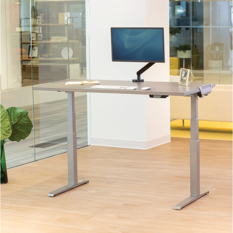 Fellowes Levado desk with mounted monitor arm and organized workspace setup