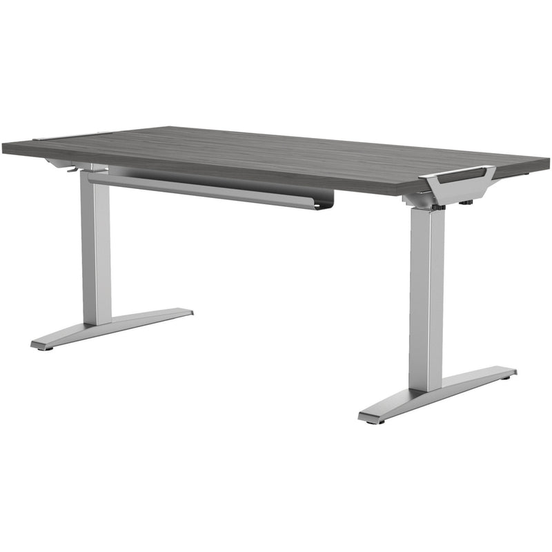 Side view of Fellowes Levado height-adjustable desk showing sleek profile and gray ash desktop