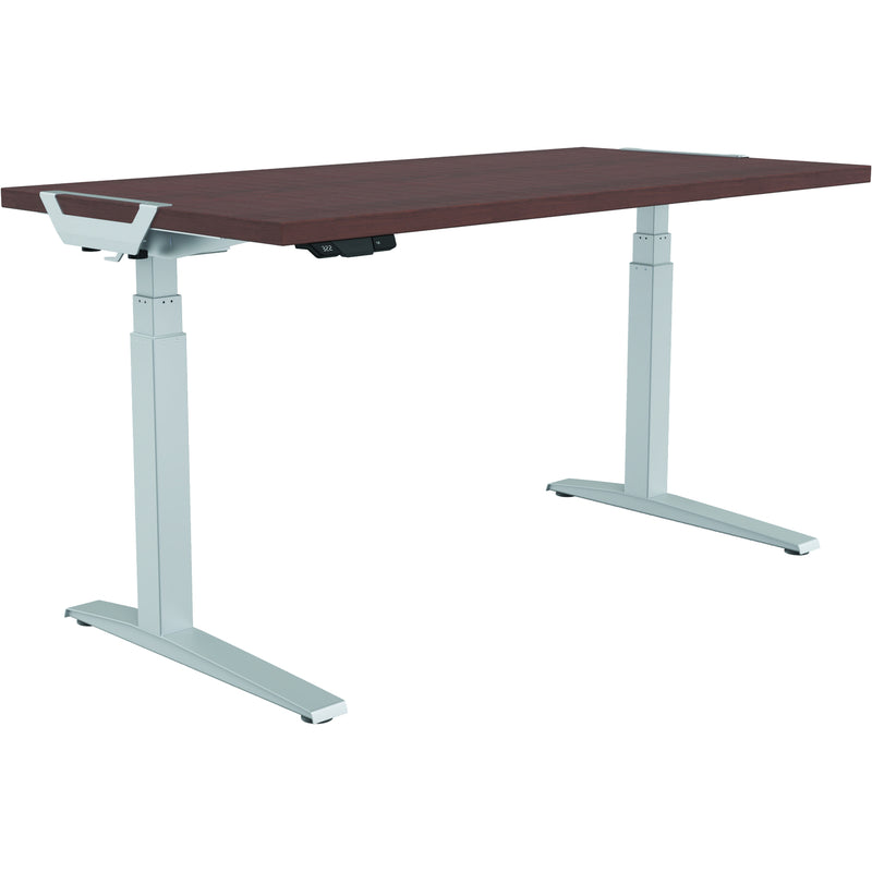 Side view of Levado height-adjustable desk with mahogany desktop and silver frame