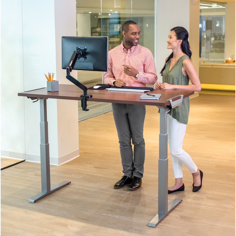 Two professionals engaged in discussion at Levado standing desk