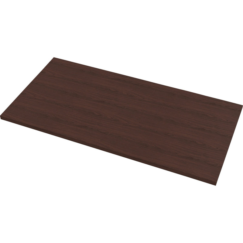 Fellowes Levado mahogany laminate desktop surface viewed from above showing wood grain pattern