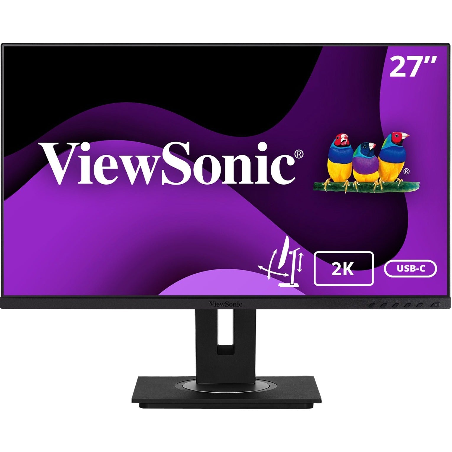 Front view of ViewSonic VG2755-2K 27-inch monitor with purple brand background and USB-C connectivity icon-alternate-image1