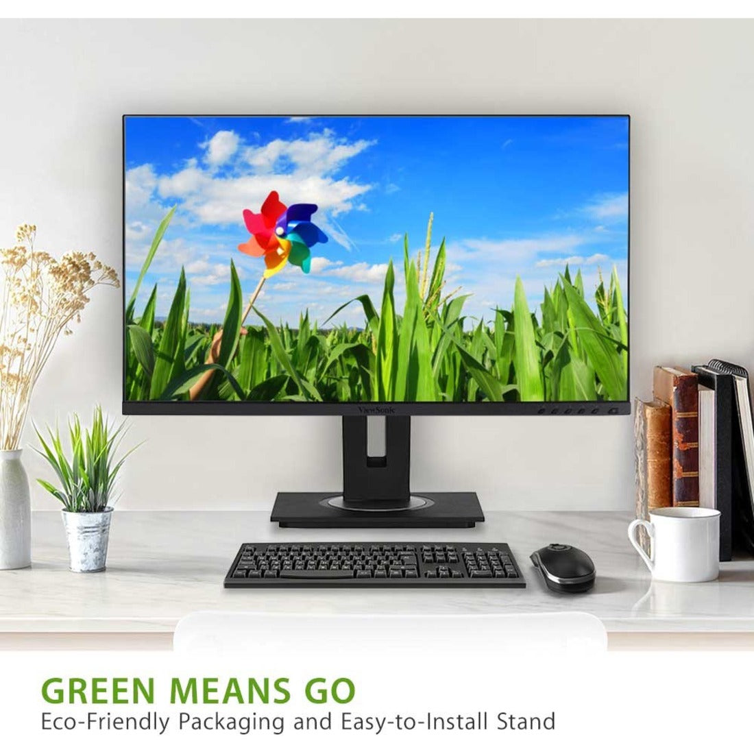 Monitor display showing vibrant nature scene with eco-friendly messaging-alternate-image8